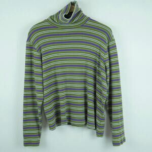 Vintage 2X Turtleneck Green Purple Stripe Quirky 90s Grunge Preppy Retro Cotton